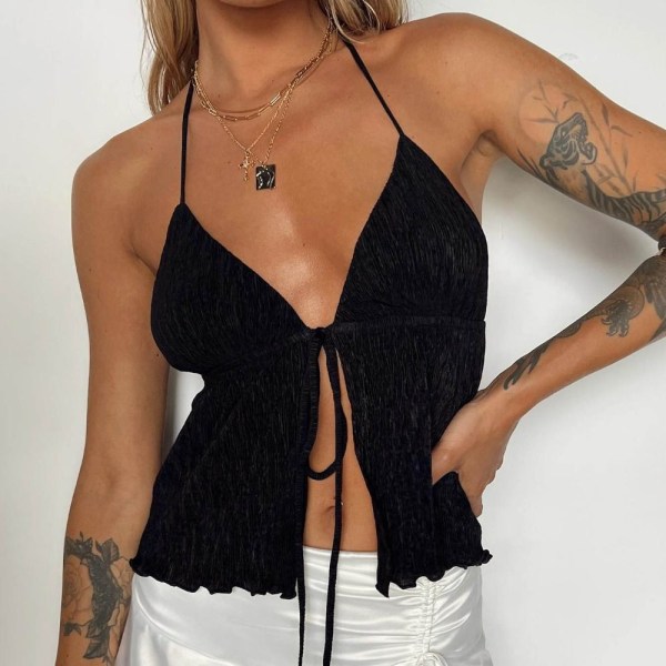 Dam Crop Tops Spets Camisole Väst SVART M Black M