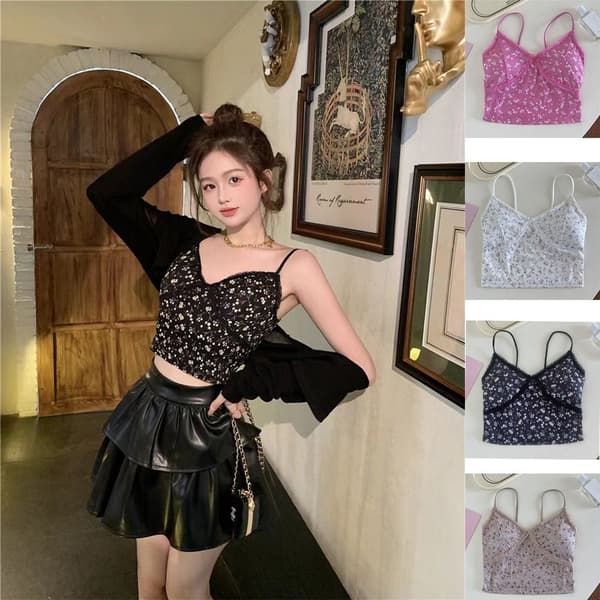 V-ringade toppar blommig camisole ROSA pink