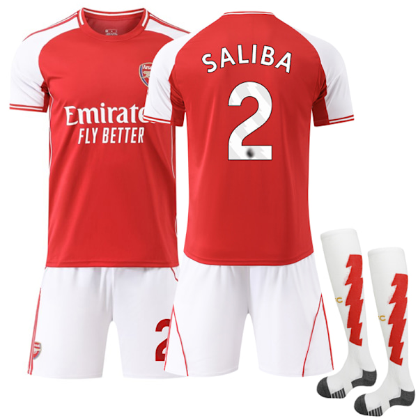 2025-2026 Arsenal Hemma Barn Fotbollströja Kit med Strumpor Nr 2 Saliba 22