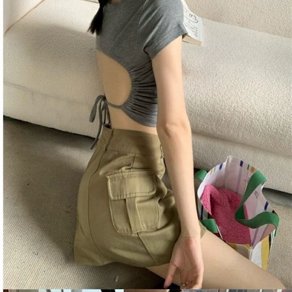 High Waist Snøre Design Top Uregelmæssig Bluse GRÅ XL Grey XL