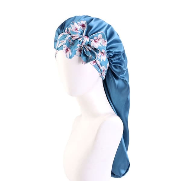 Lang Silkeagtig Bonnet med Print Sovehætte BLÅ blue