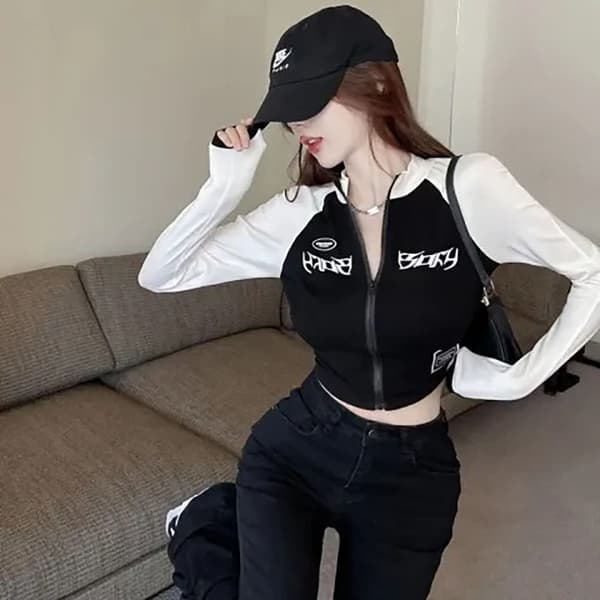 Långärmad T-shirt Cropped Top GRÅ M Gray M
