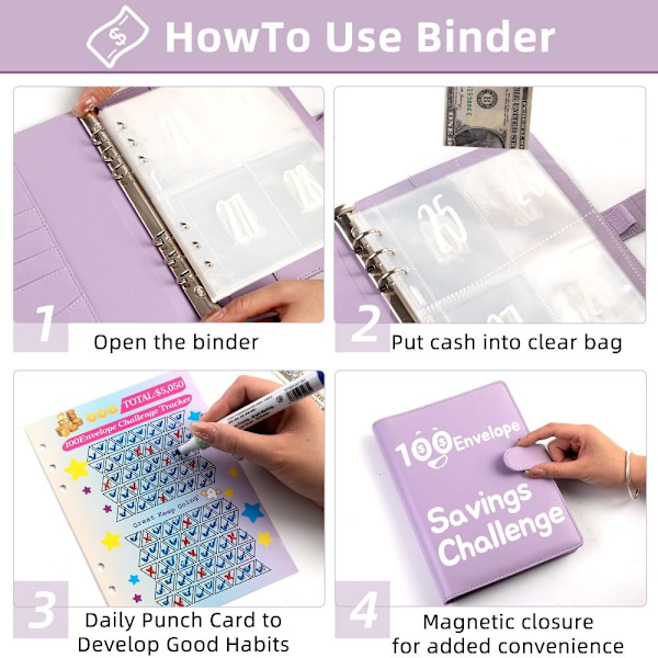 100 Days Savings Challenge 100 Envelope Challenge Pärm LILA Purple