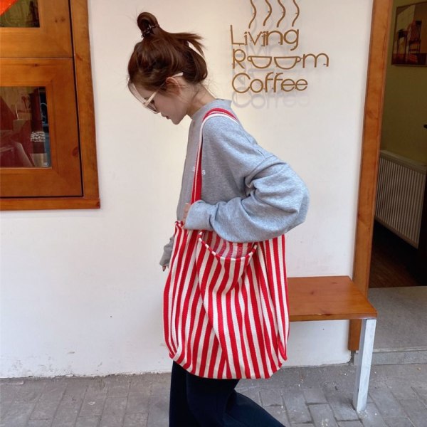 Stripe Canvas Tote Bag Enkel skuldertaske RØD red