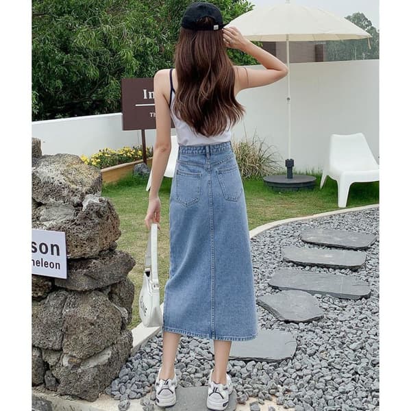 A-formet denimnederdel med slids SORT S Black S