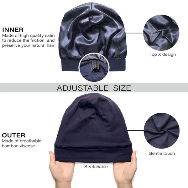 Pehmeä Stretch Satin Bonnet Vuorattu Sleeping Beanie Hat NAVY BLUE navy blue