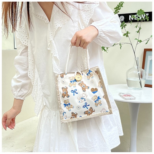 Cartoon Pattern Handväska Bärbar tygväska VIT White
