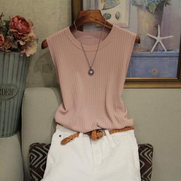 Bluse med o-hals Ermeløs bluse GUL yellow