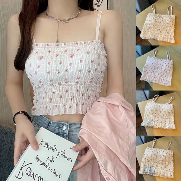Blommig Camisole Tryckt Linne Blå Blue