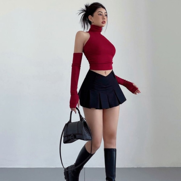 Turtleneck Suspender Crop Top WINE RED L wine red L