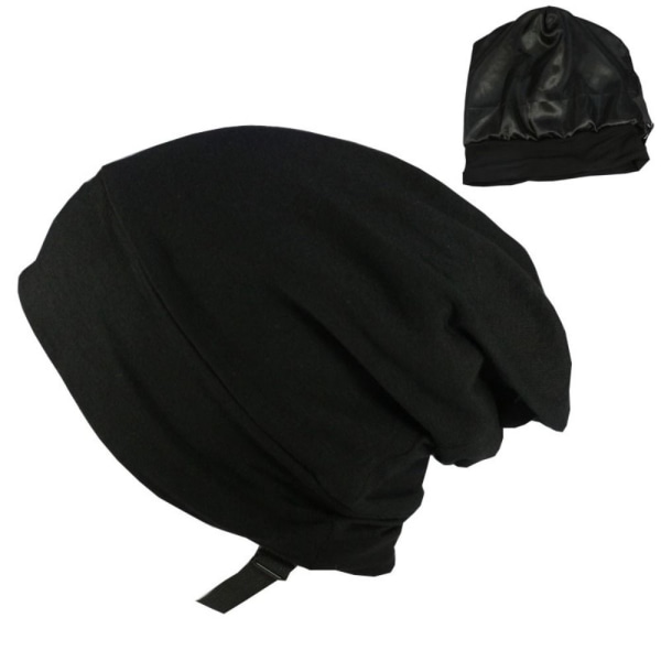 Blødt stretch satin motorhjelm foret sovebeanie hat SORT black