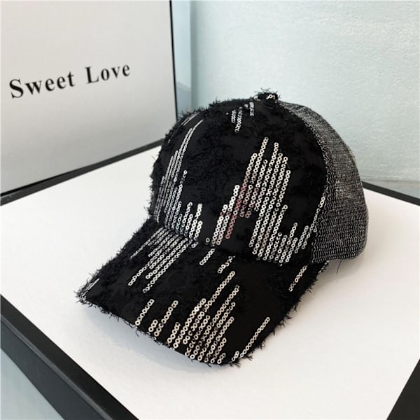 Mesh paljetter Cap Mode Dammössor med andningsförmåga SVART black