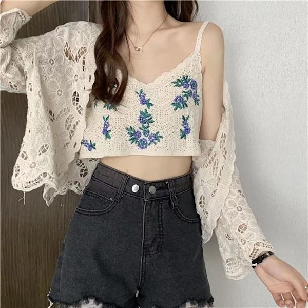 Tank Top Ermeløs T-skjorte HVIT BLÅ BLOMST BLÅ BLOMST White Blue flower-Blue flower