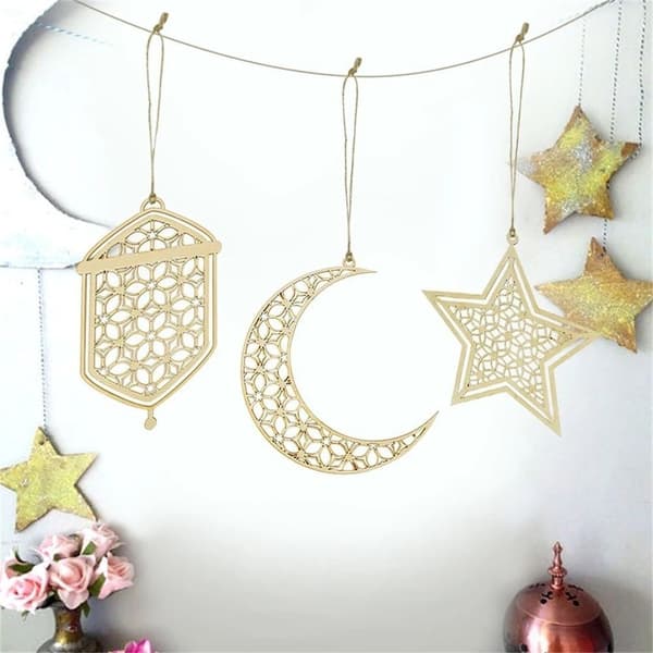 Eid Mubarak Tredekorasjon Hengepynt Måne Stjerner Lanterne 6Pcs
