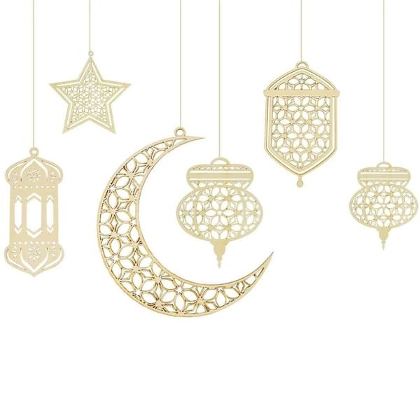 Eid Mubarak Tredekorasjon Hengepynt Måne Stjerner Lanterne 6Pcs