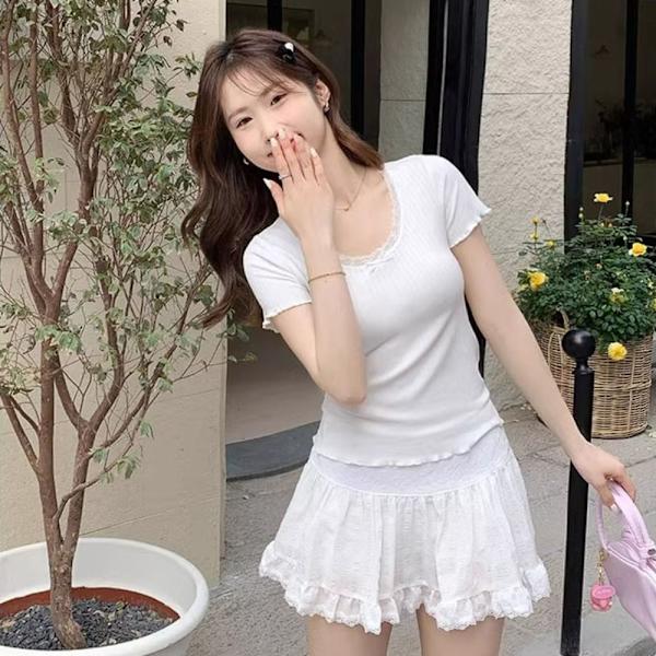 Naisten lyhythihainen T-paita Lace Edge Pusero WHITE M White M