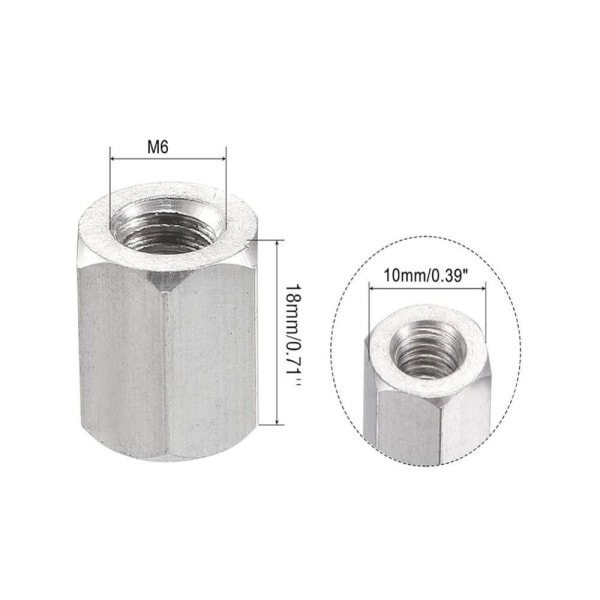 10 stk Langstangmutter sekskantkoblingsmutter M6x18mm lange muttere