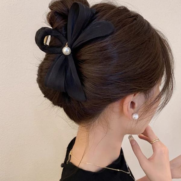 Pearl Hair Claw Clips Suuri rusetti hiusklipsi MUSTA black