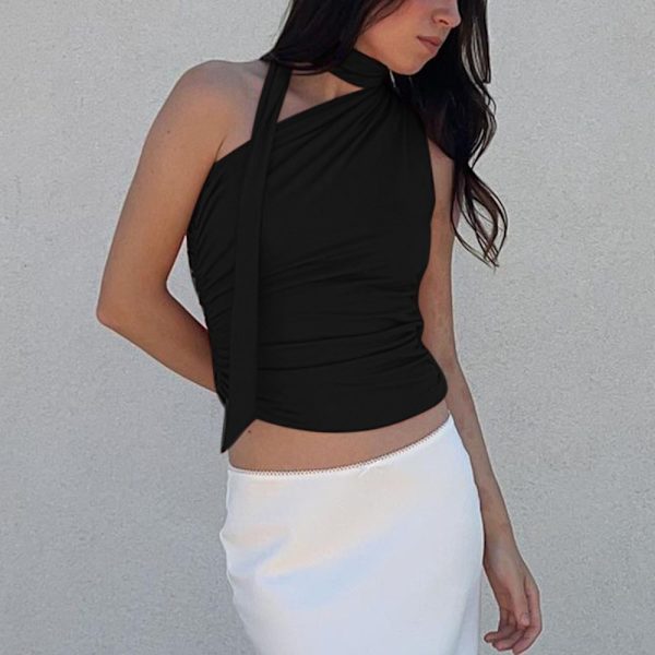 Vintage Hihaton Crop Top Diagonal Olkaliivi MUSTA M Black M