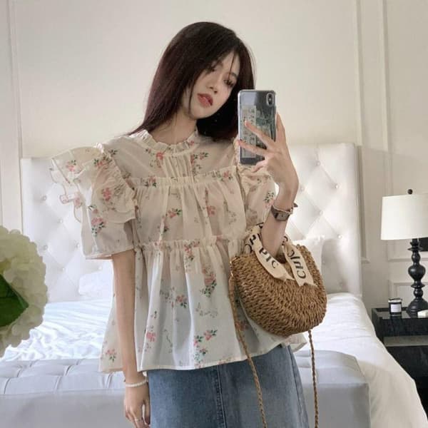 Blomstret skjortebluse L L