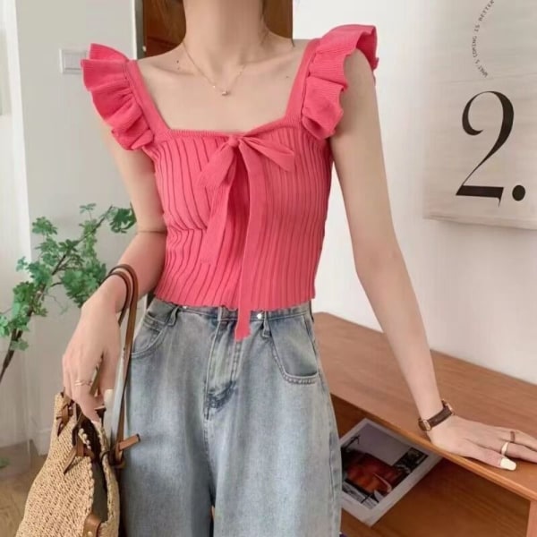 Dame tanktop strikket ærmeløs rem ORANGE&PINK Orange&pink