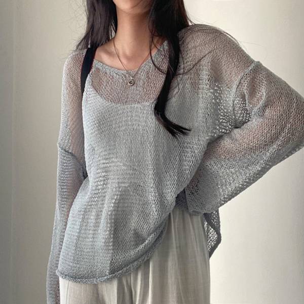 Hollow Out Bluser Strikoverdele GRÅ Grey