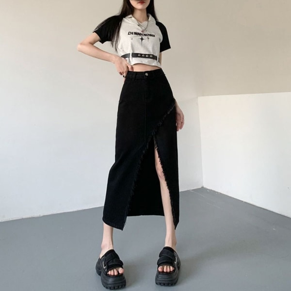 Split jeanskjol A-line kjol SVART M Black M