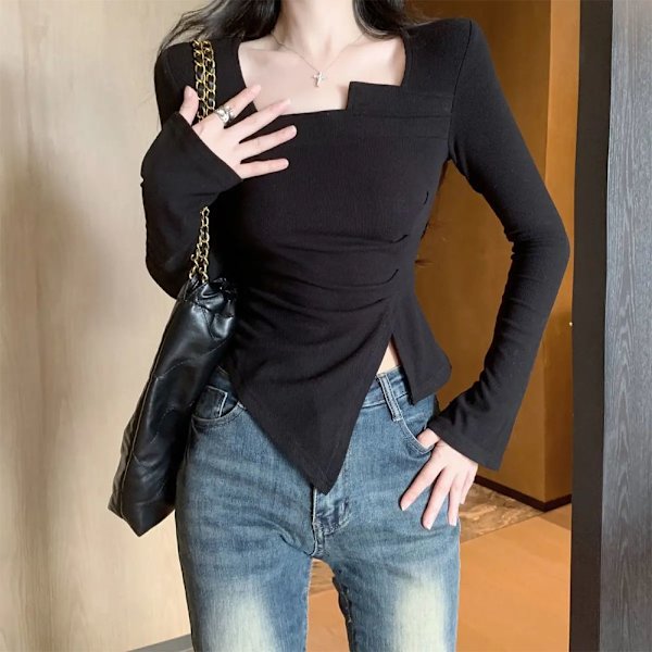 Uregelmæssig T-shirt Cropped Top SORT M Black M