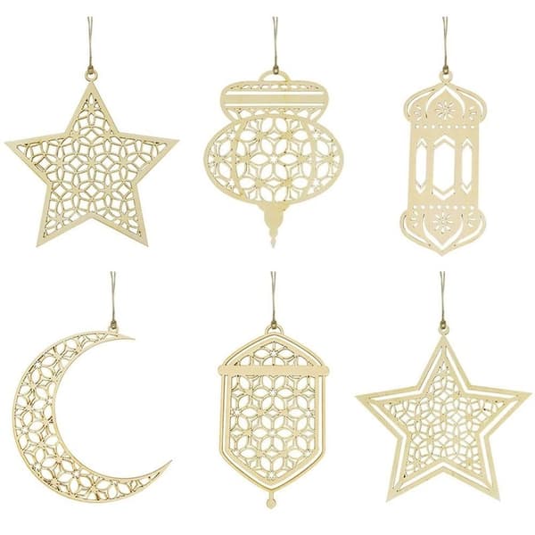 Eid Mubarak Tredekorasjon Hengepynt Måne Stjerner Lanterne 6Pcs