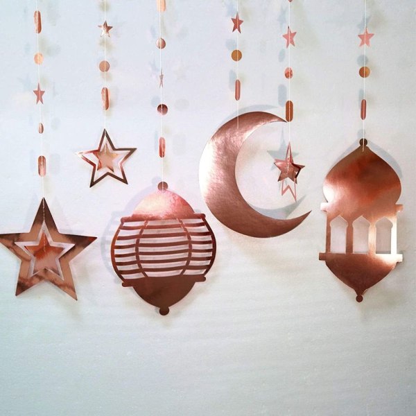 Eid Mubarak Guld Banner Dekoration Hanging Star Moon Light rose gold