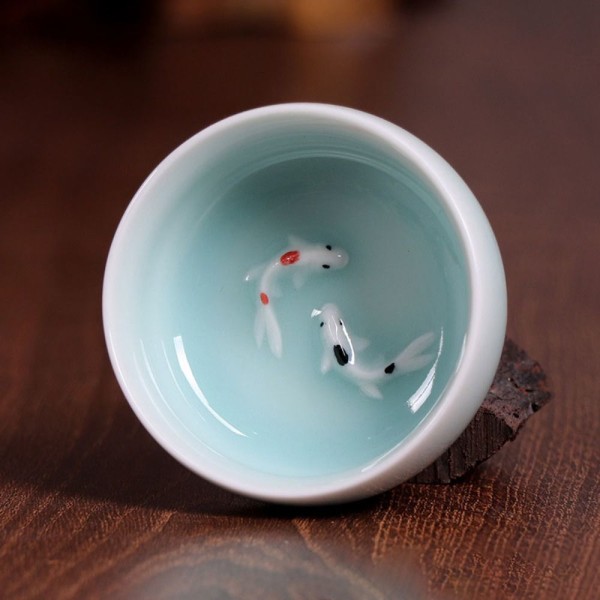 Longquan Celadon Porslin Tekoppar Golden Fish Tea Cup Bowl D D D