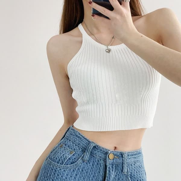 Dam Stickad Ärmlös Linne VIT White