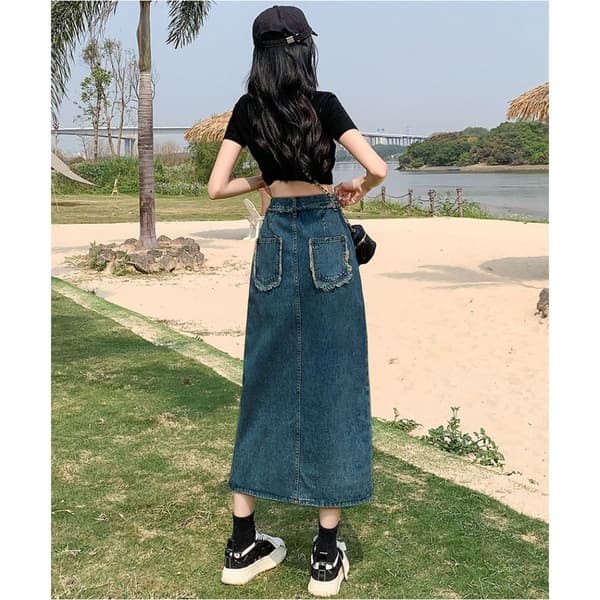 A-formet denimnederdel med slids, SORT L Black L