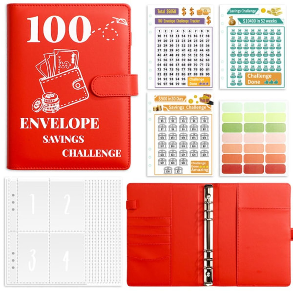 100 Days Savings Challenge 100 Envelope Challenge Binder PUNAINEN Red