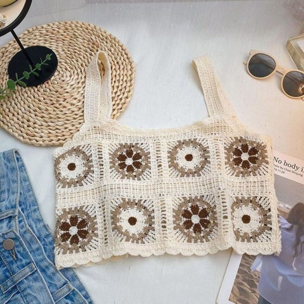 Bohemian Knitted Hollow Suspender Ermeløs Topp APRIKOS Apricot