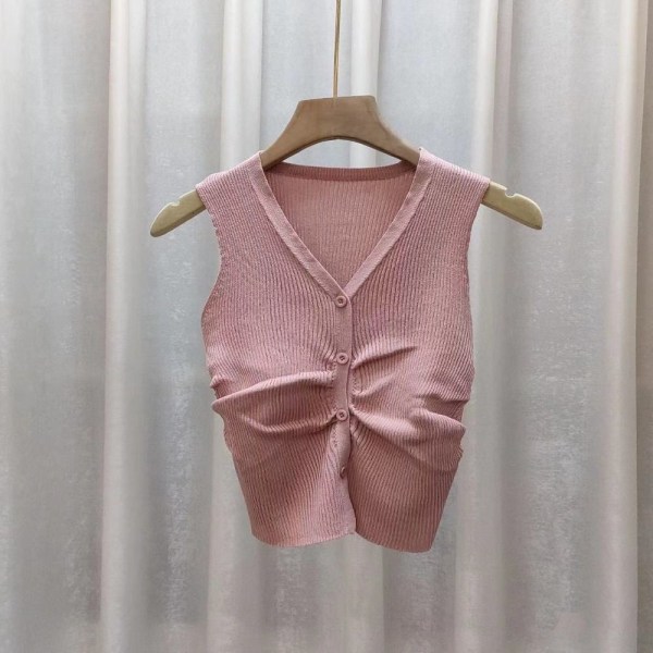 Ärmlös V-ringad Topp Ärmlös Stickad Topp ROSA pink