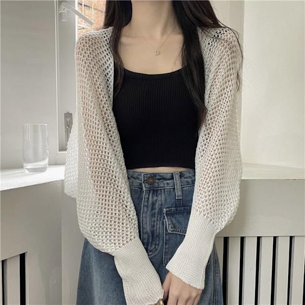 Tunn Stickad Koftjacka Kort Topp VIT white