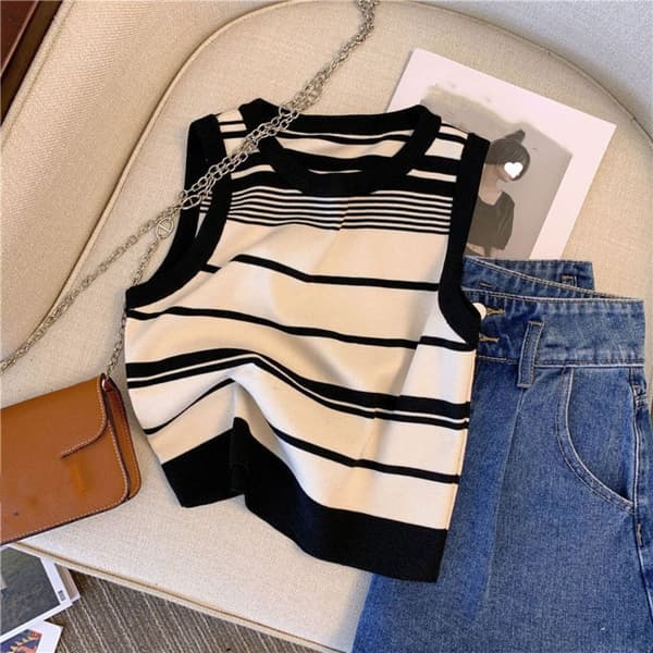 Stribet Ærmeløs Sweater Kort Casual Top SORT black