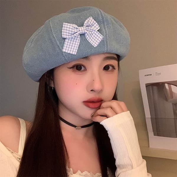 Denim Beret Hat Malerhat BLÅ SLØJFE SLØJFE blue bow-bow