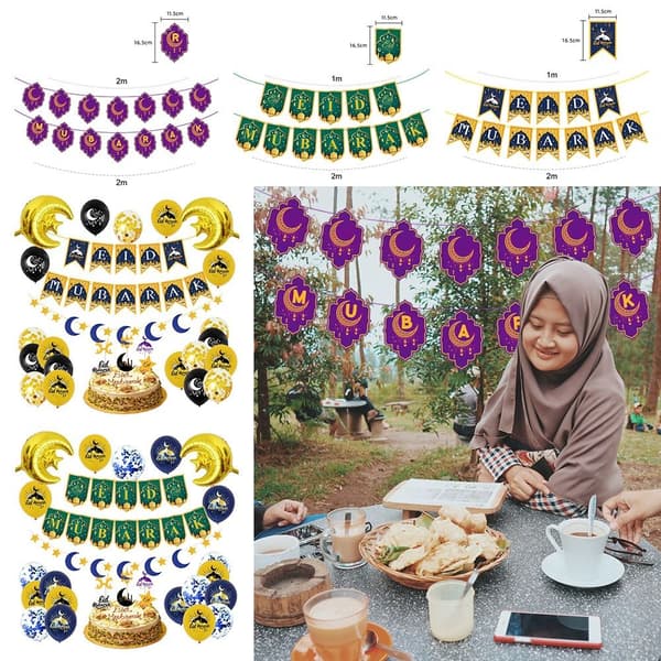 1 sæt Eid Mubarak Banner Bunting Latex Ballon A A