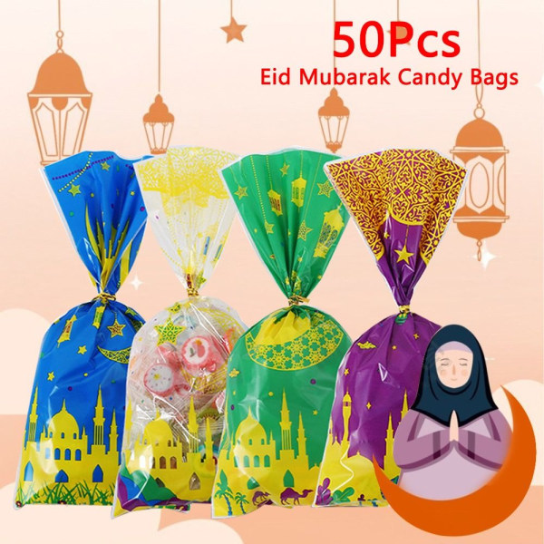 50 st Eid Mubarak Plast Candy Cookie Bag Presentpåsar