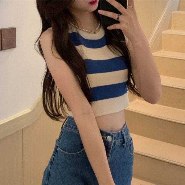 Kontrasterande randig stickad väst Crop Top MÖRKBLÅ dark blue