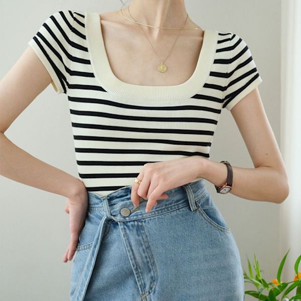 Kintted T-skjorte Dame Topp HVIT White
