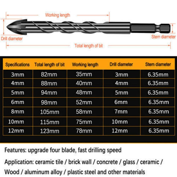 7 Styck 4-Ege Cross Borr Bit Set Sexkantigt skaft Legering borr black