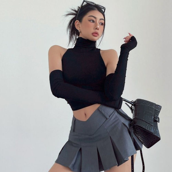 Turtleneck Suspender Crop Top SORT M black M