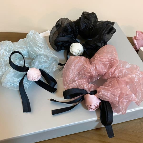 Stof Rose Hårelastik Sløjfe Rose Elastisk Hårring SORT Black