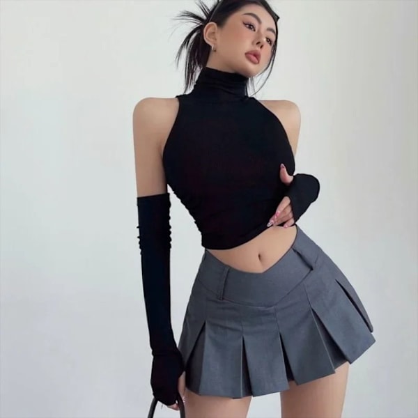 Turtleneck Suspender Crop Top SORT L black L