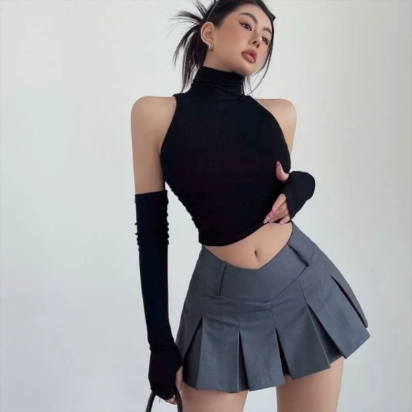 Turtleneck Suspender Crop Top SVART L black L