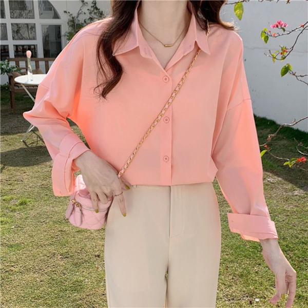 Langærmet bluse dameskjorte ORANGE PINK M Orange Pink M