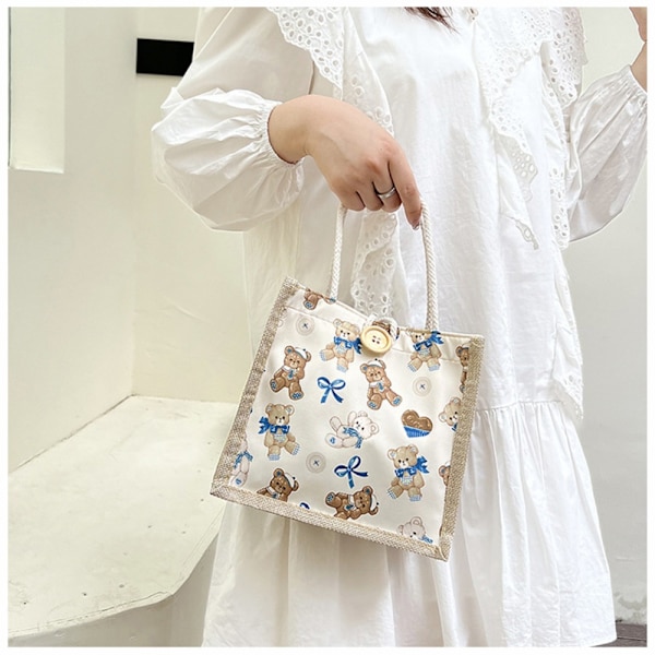Cartoon Pattern Handväska Bärbar tygväska VIT White